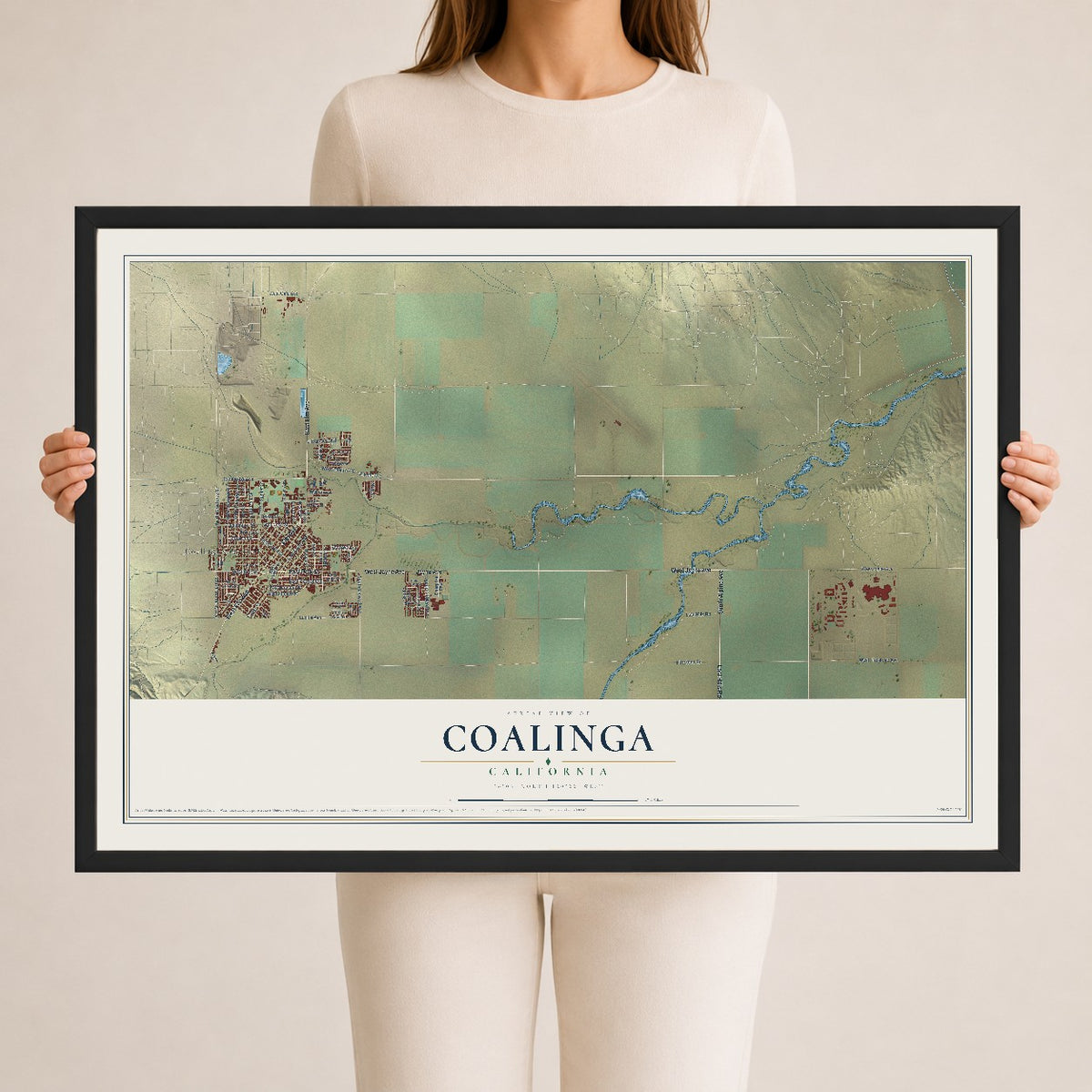 Map of Coalinga, California, 24 x 36 inch print in a black wood frame