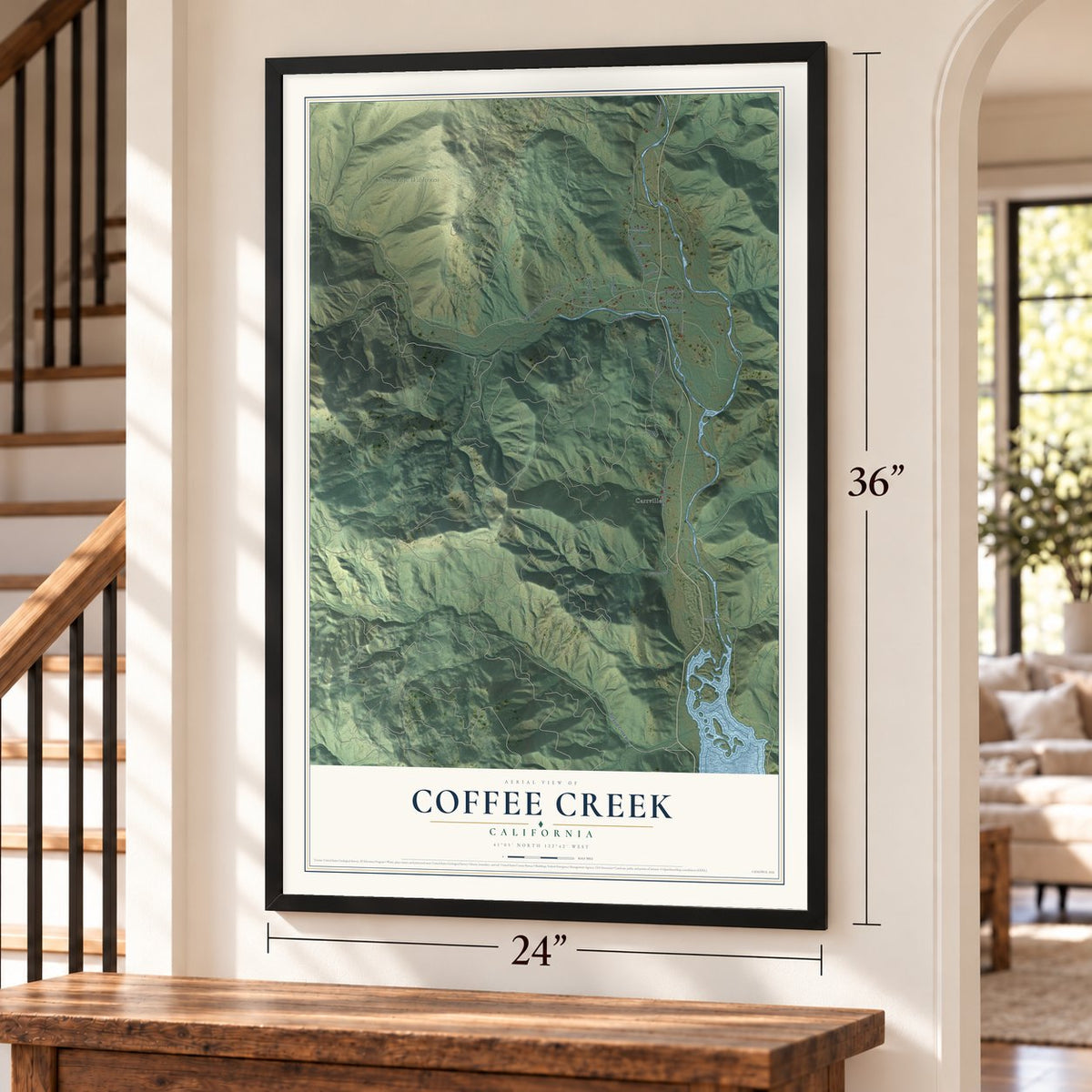Coffee Creek, California map, 24 x 36 inch print in a black frame by a staircase