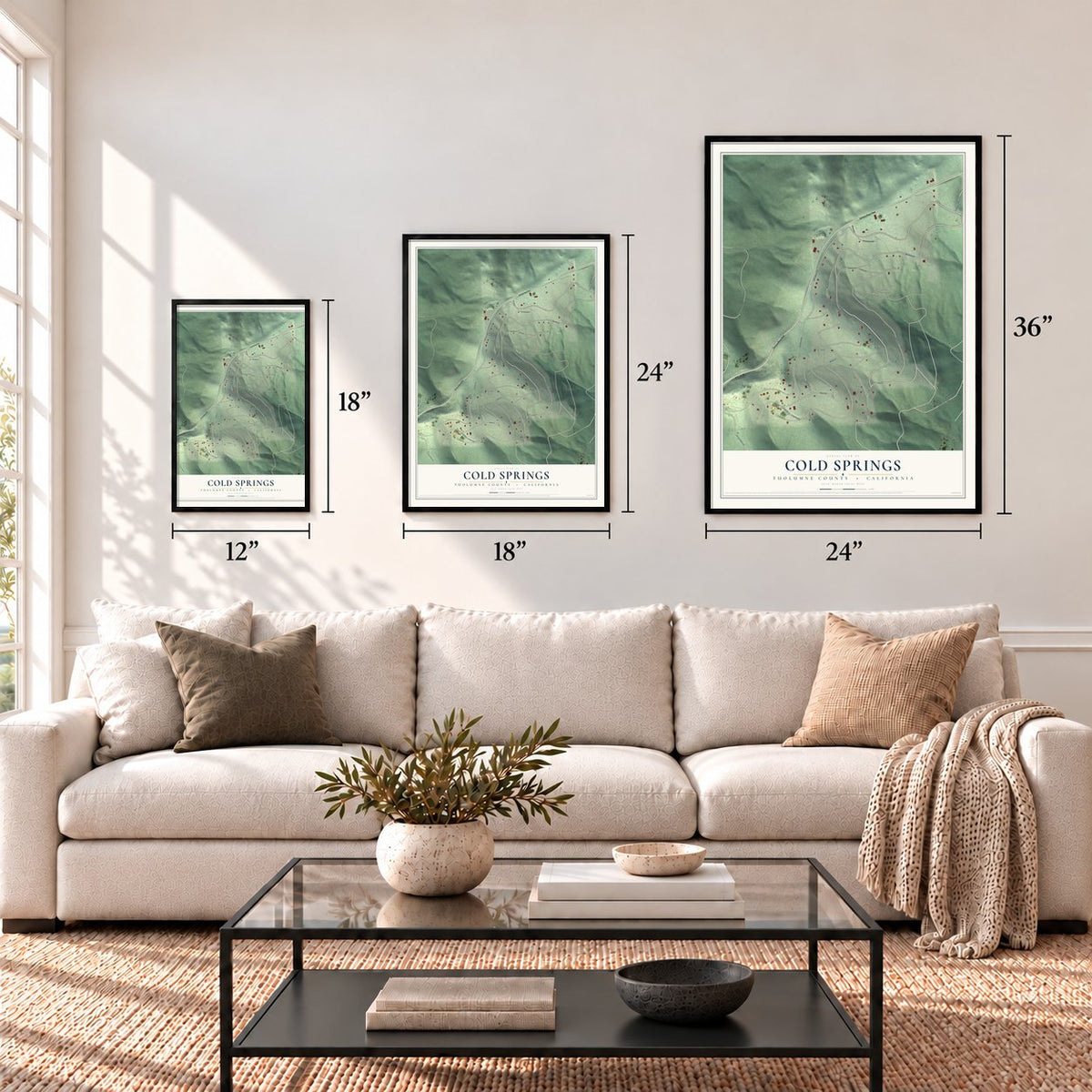 Cold Springs, Tuolumne County, California map in 12 x 18, 18 x 24 and 24 x 36 inch sizes above a sofa