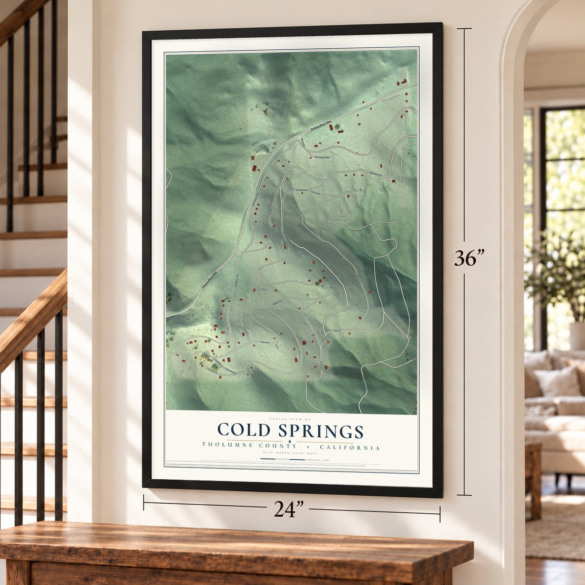 Cold Springs, Tuolumne County, California map, 24 x 36 inch print in a black frame by a staircase