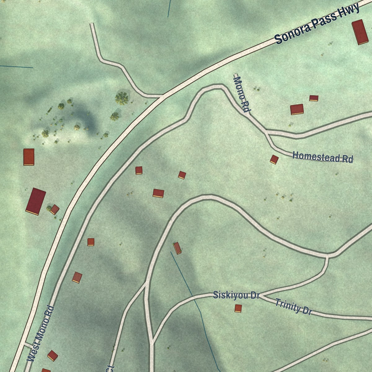 Close-up of the map of Cold Springs, Tuolumne County, California print showing street and building detail