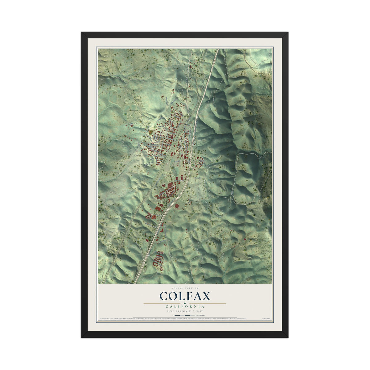 Map of Colfax, California, 12 x 18 inch print in a black wood frame