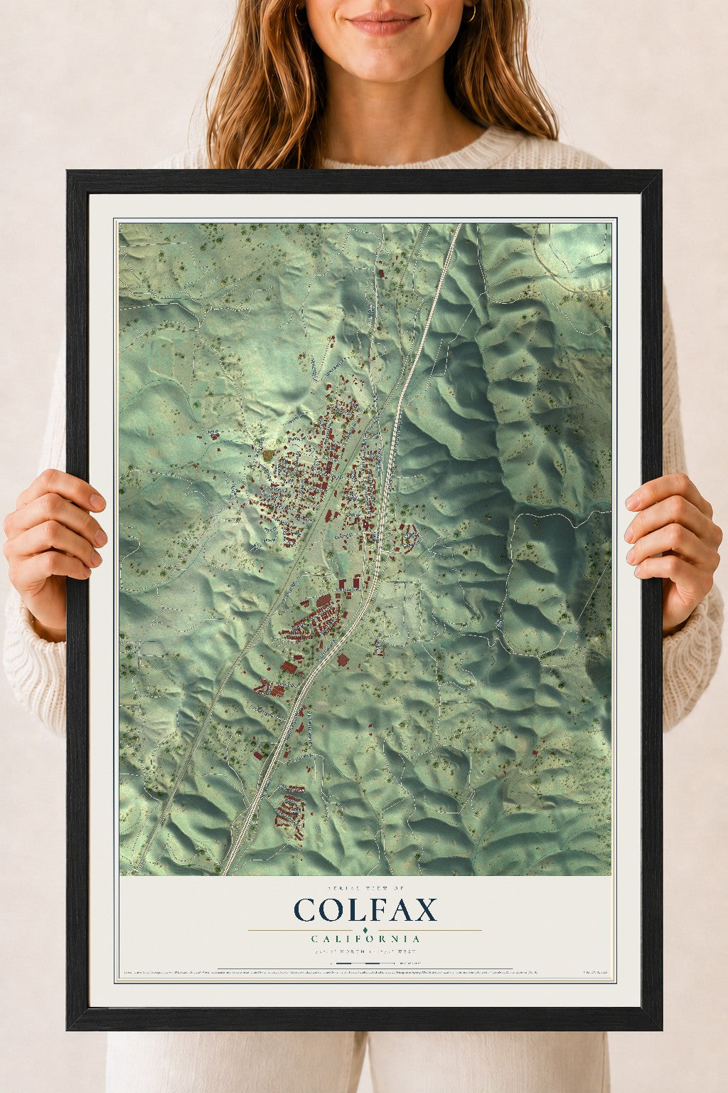 Map of Colfax, California, 18 x 24 inch print in a black wood frame