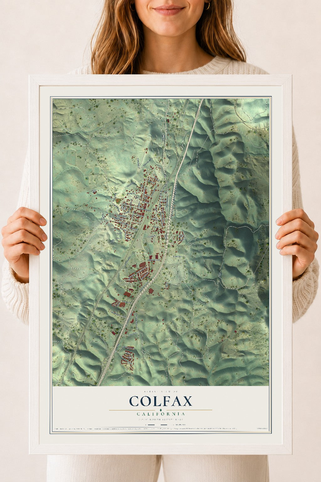 Map of Colfax, California, 18 x 24 inch print in a white wood frame