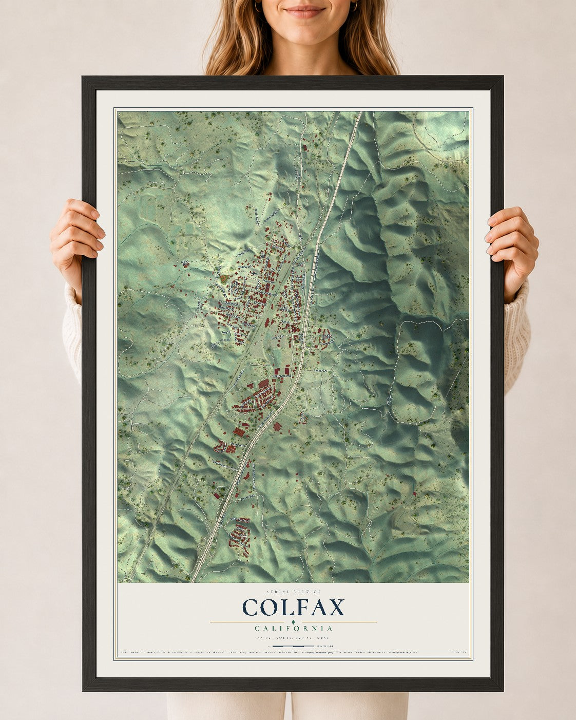 Map of Colfax, California, 24 x 36 inch print in a black wood frame