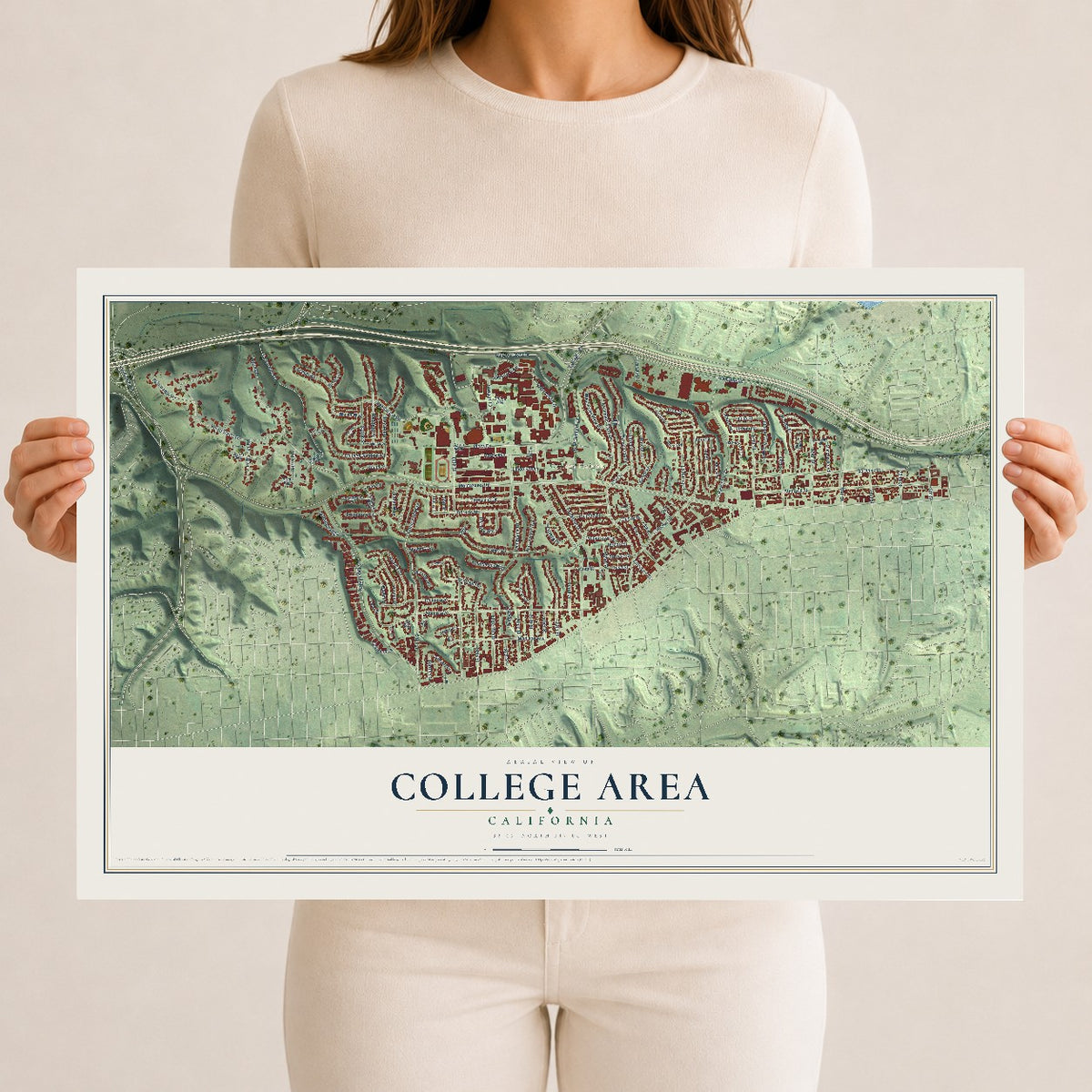 Map of College Area, California, 12 x 18 inch unframed archival matte print