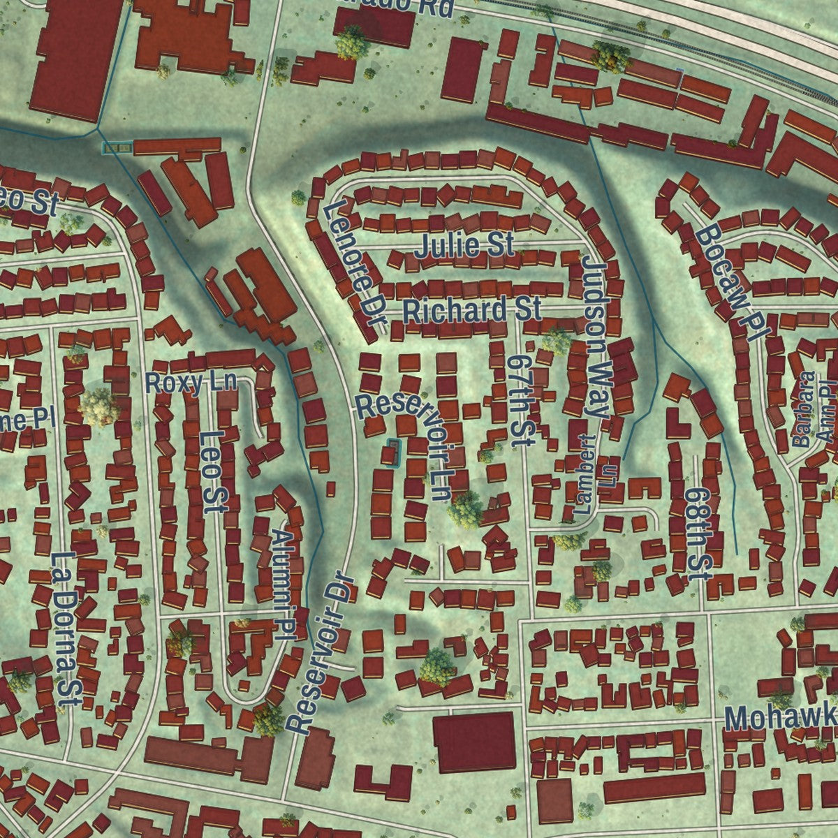 Close-up of the map of College Area, California print showing street and building detail