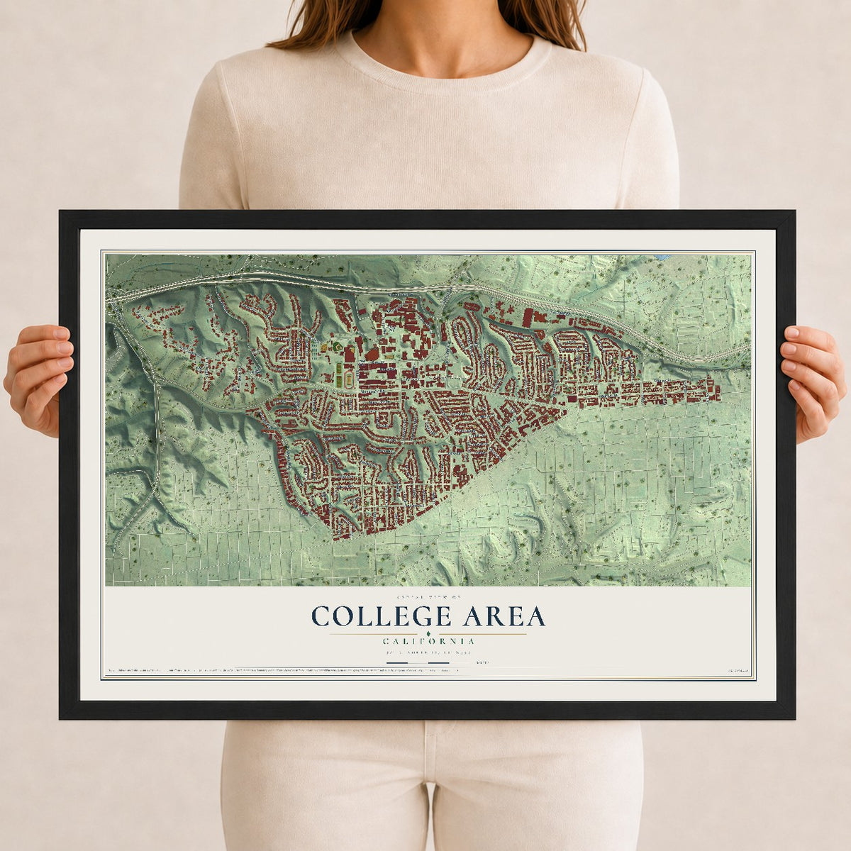 Map of College Area, California, 12 x 18 inch print in a black wood frame