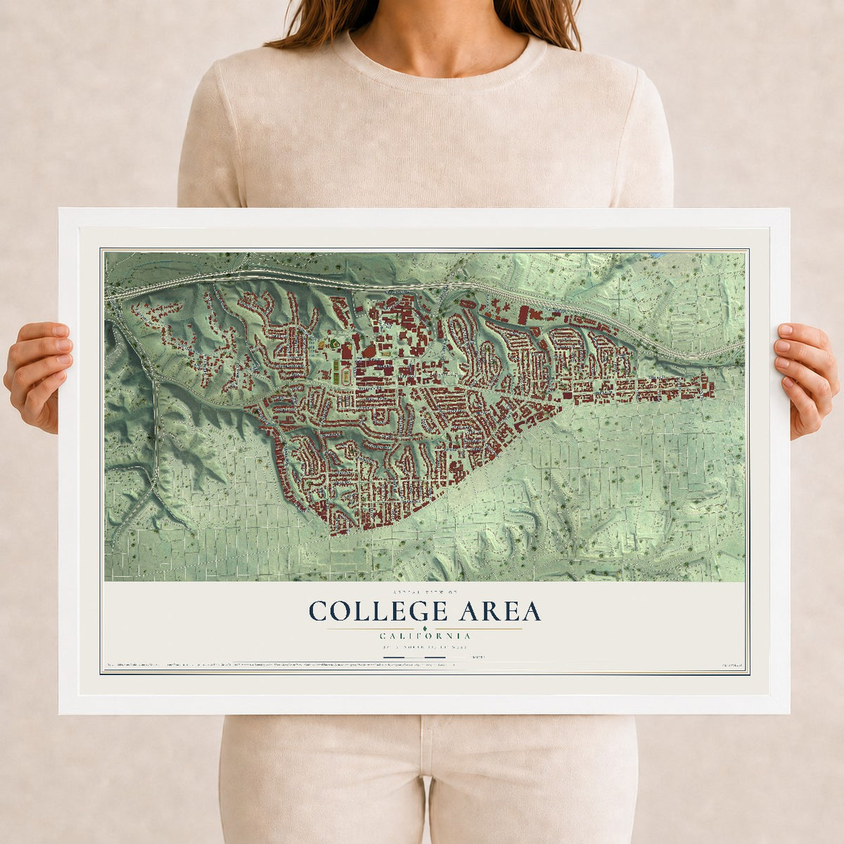 Map of College Area, California, 12 x 18 inch print in a white wood frame