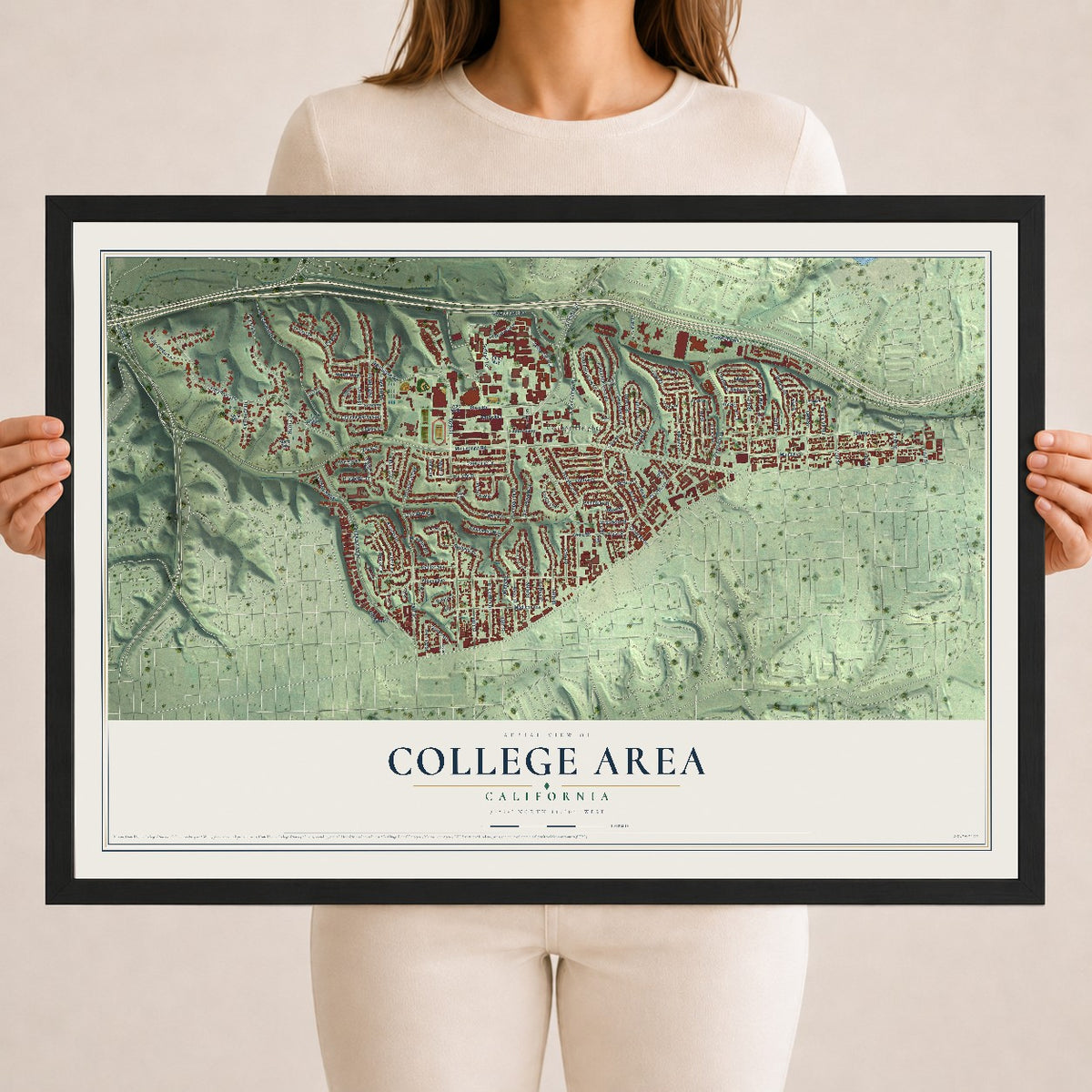 Map of College Area, California, 18 x 24 inch print in a black wood frame
