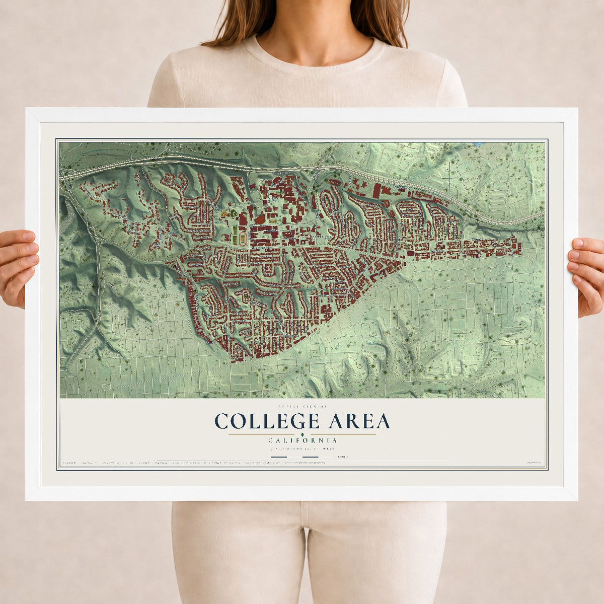 Map of College Area, California, 18 x 24 inch print in a white wood frame