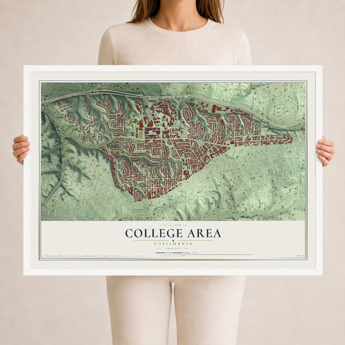 Map of College Area, California, 24 x 36 inch print in a white wood frame