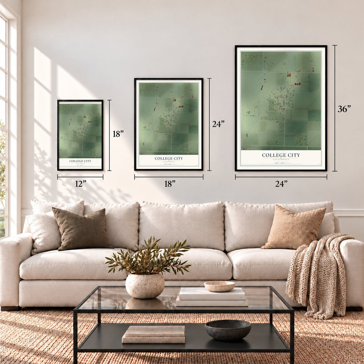 College City, California map in 12 x 18, 18 x 24 and 24 x 36 inch sizes above a sofa