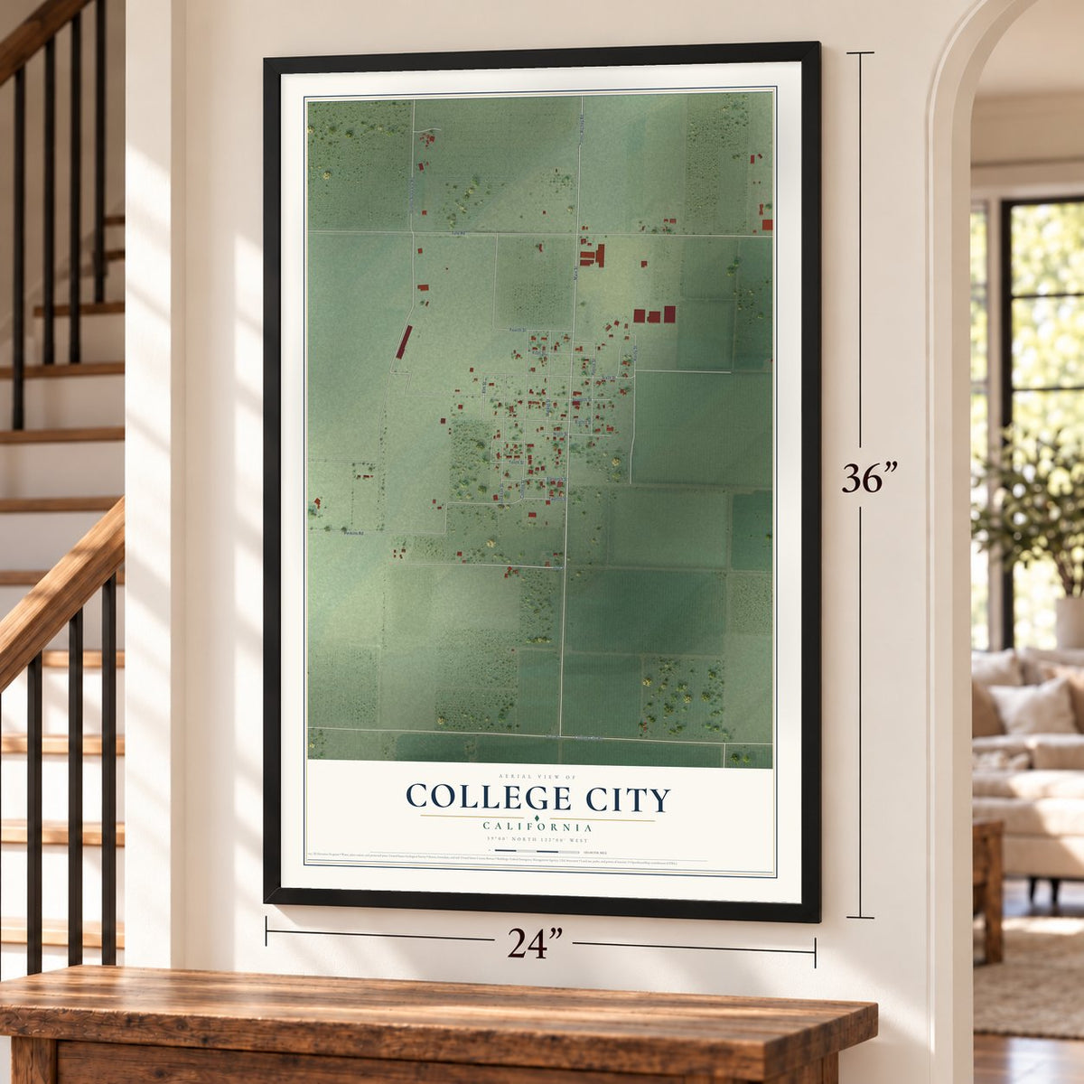 College City, California map, 24 x 36 inch print in a black frame by a staircase