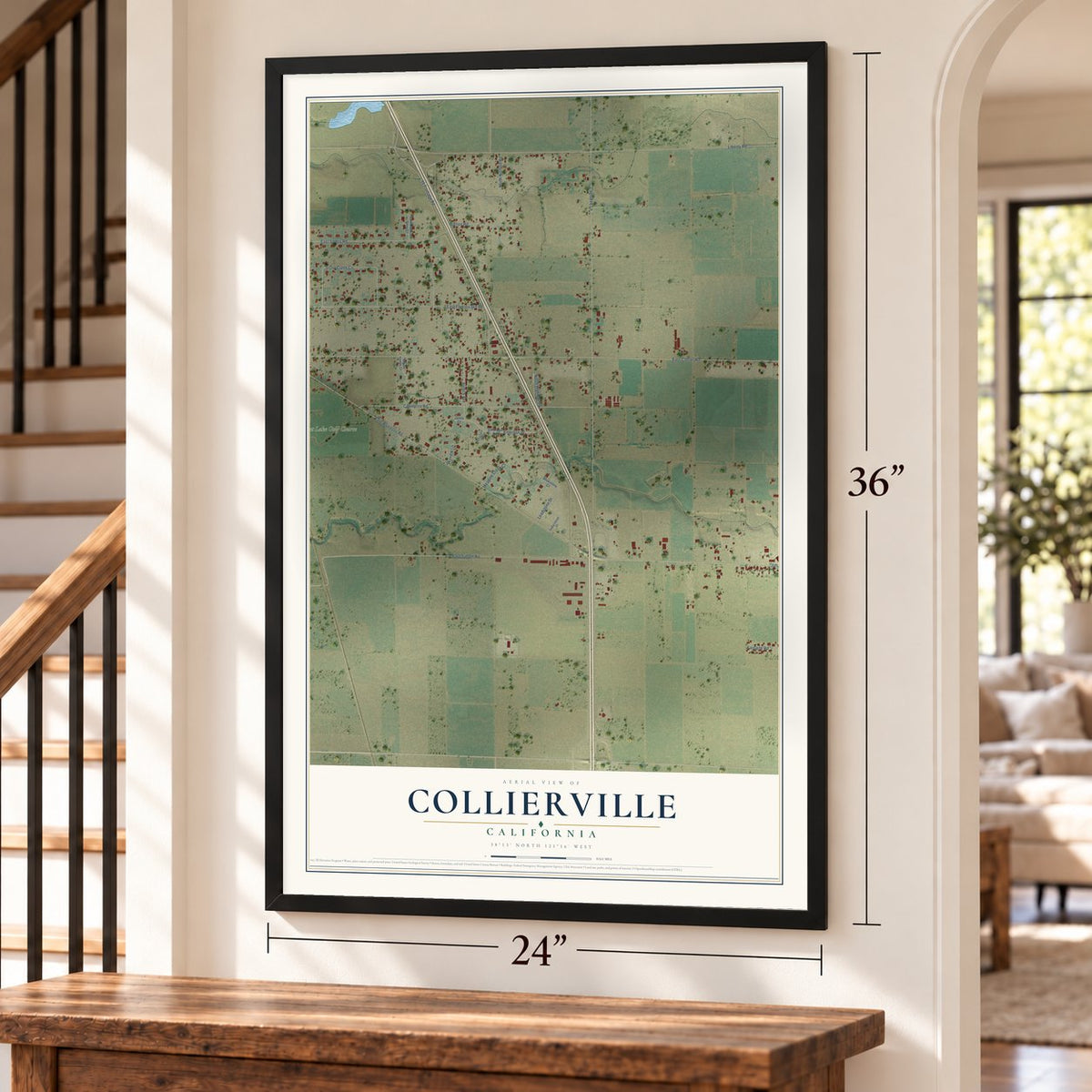 Collierville, California map, 24 x 36 inch print in a black frame by a staircase