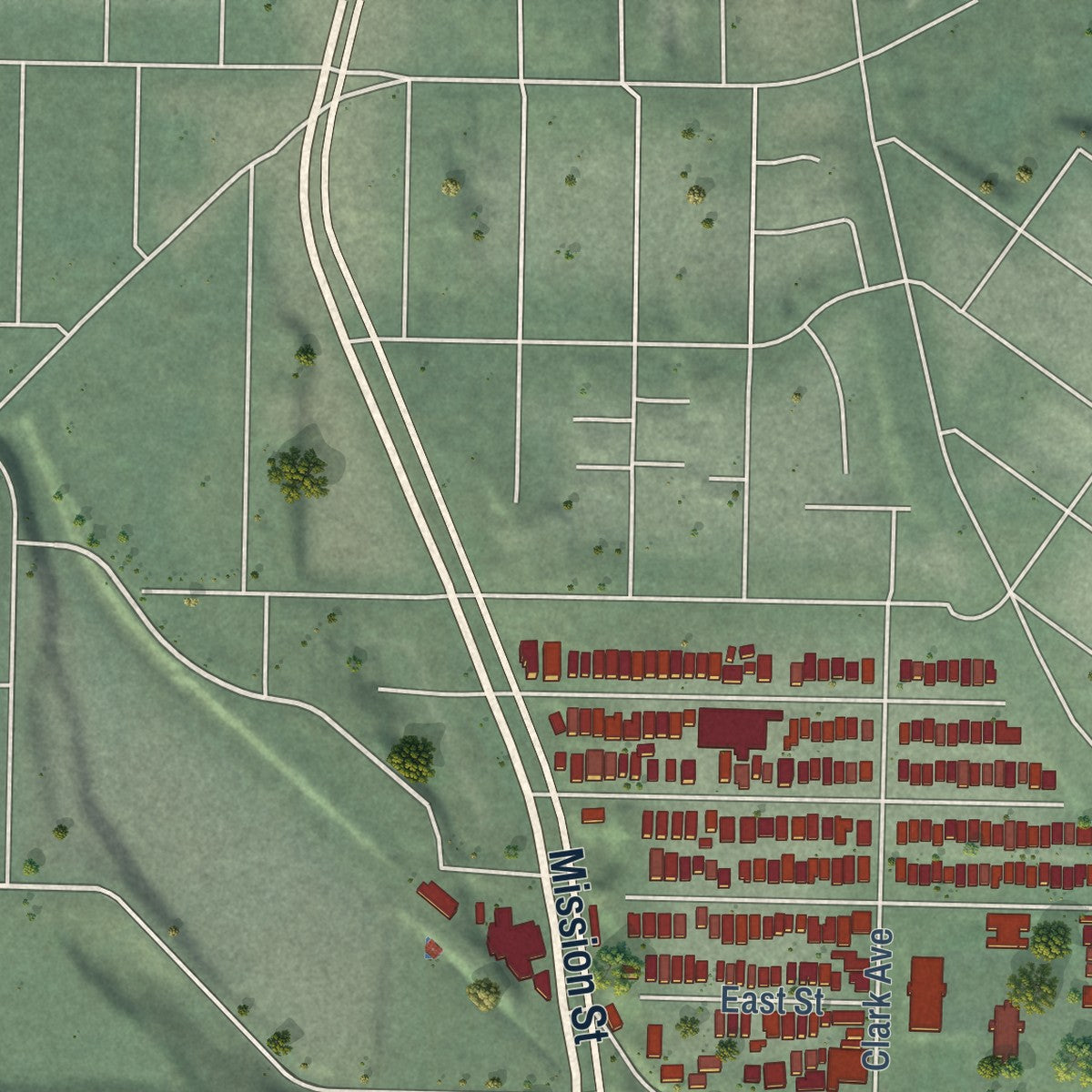 Second close-up of the map of Colma, California print showing more streets and buildings