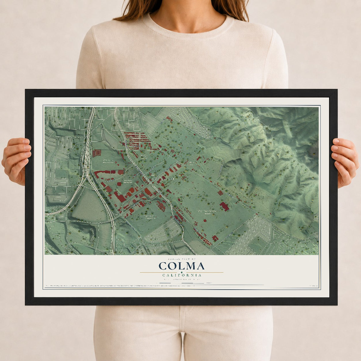 Map of Colma, California, 12 x 18 inch print in a black wood frame