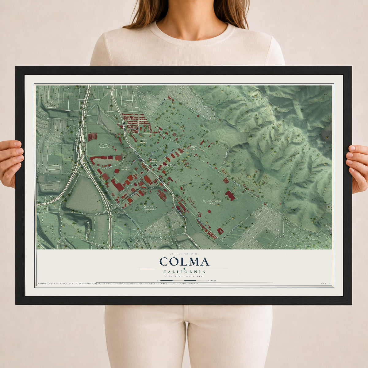 Map of Colma, California, 18 x 24 inch print in a black wood frame