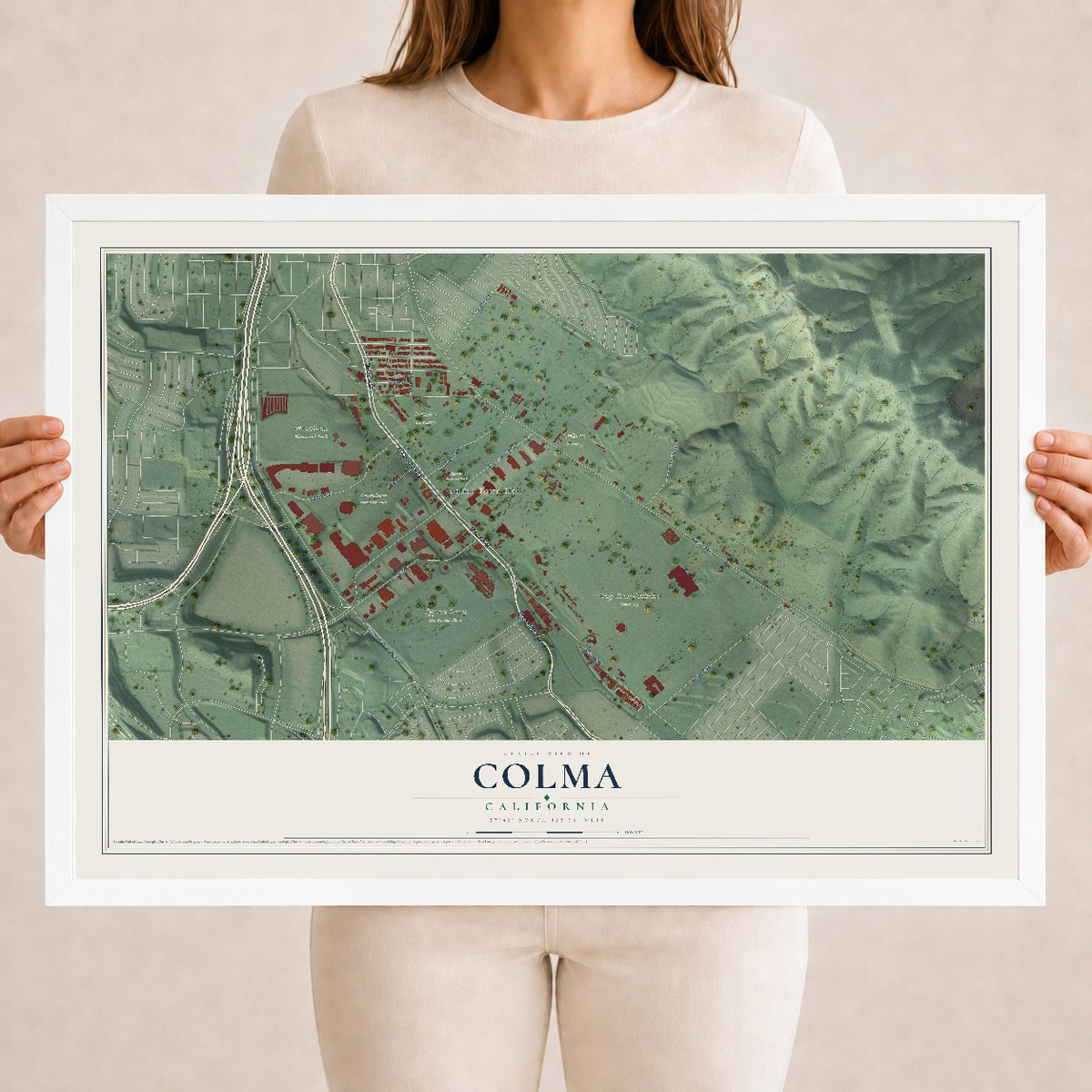 Map of Colma, California, 18 x 24 inch print in a white wood frame