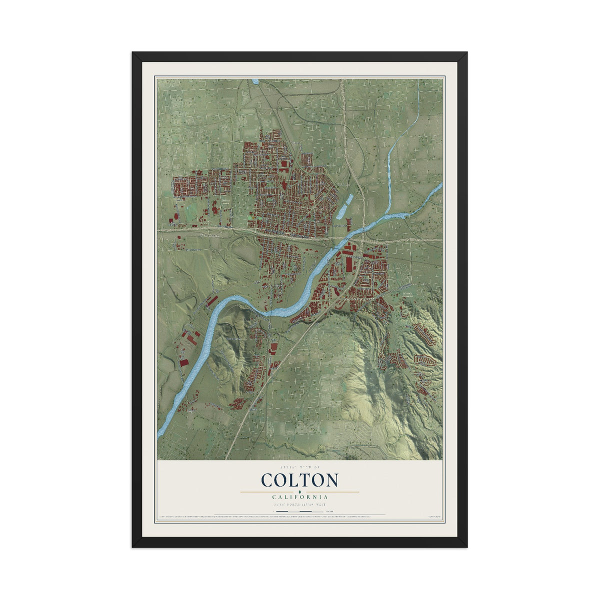 Map of Colton, California, 12 x 18 inch print in a black wood frame