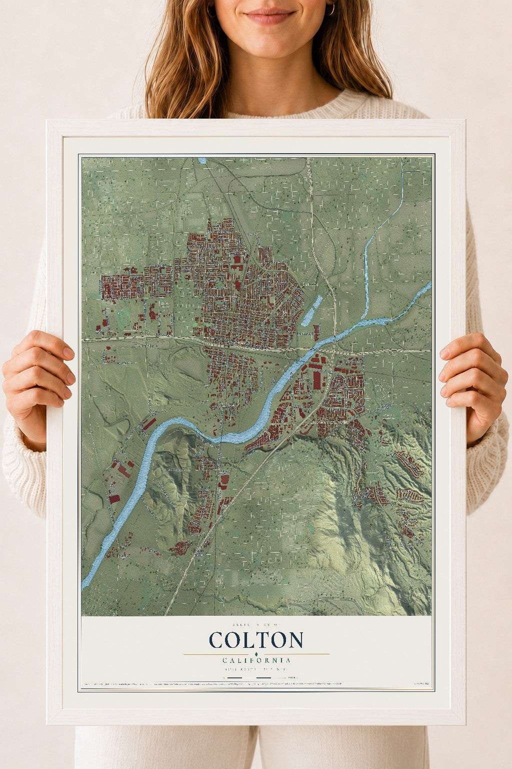 Map of Colton, California, 18 x 24 inch print in a white wood frame