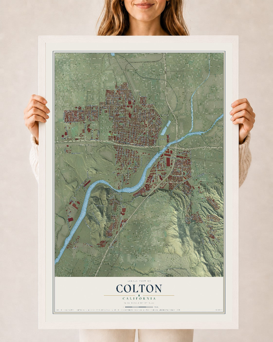 Map of Colton, California, 24 x 36 inch print in a white wood frame