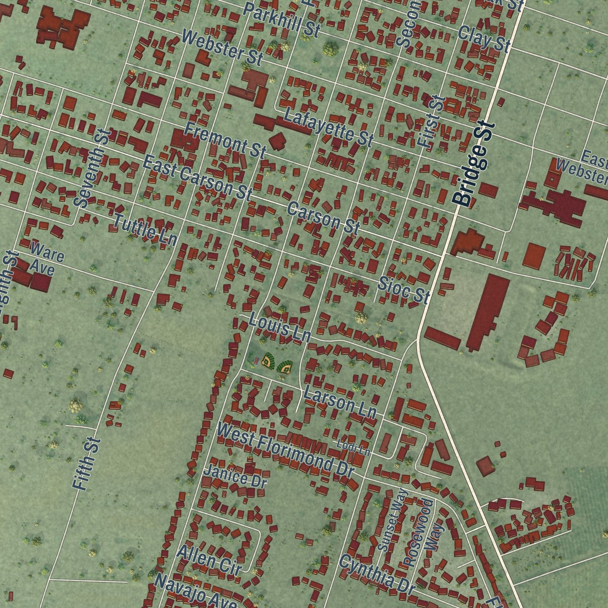 Close-up of the map of Colusa, California print showing street and building detail