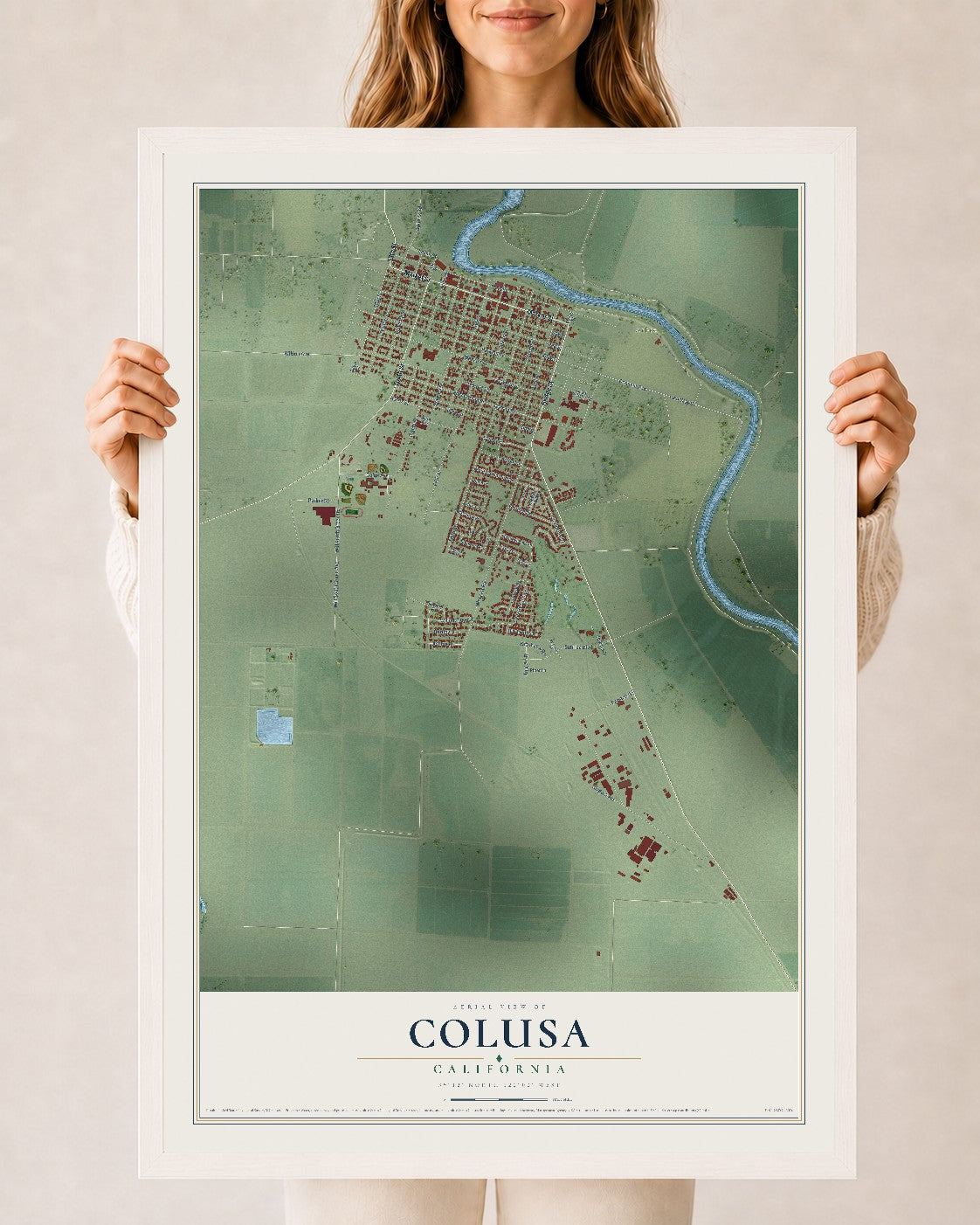 Map of Colusa, California, 24 x 36 inch print in a white wood frame