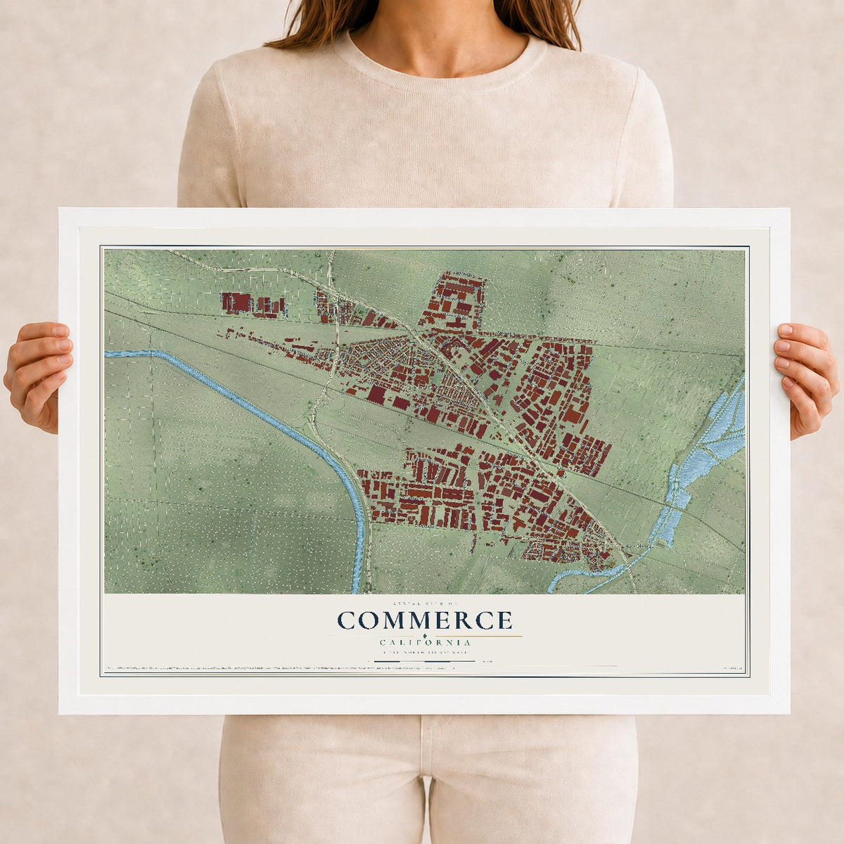 Map of Commerce, California, 12 x 18 inch print in a white wood frame