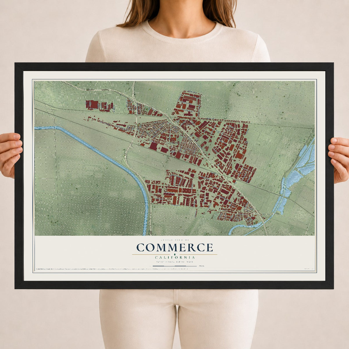 Map of Commerce, California, 18 x 24 inch print in a black wood frame