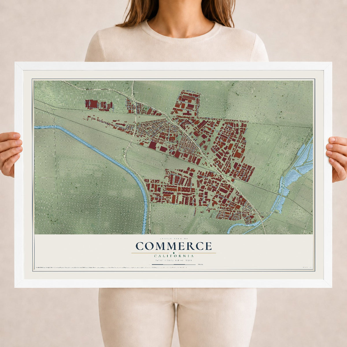 Map of Commerce, California, 18 x 24 inch print in a white wood frame