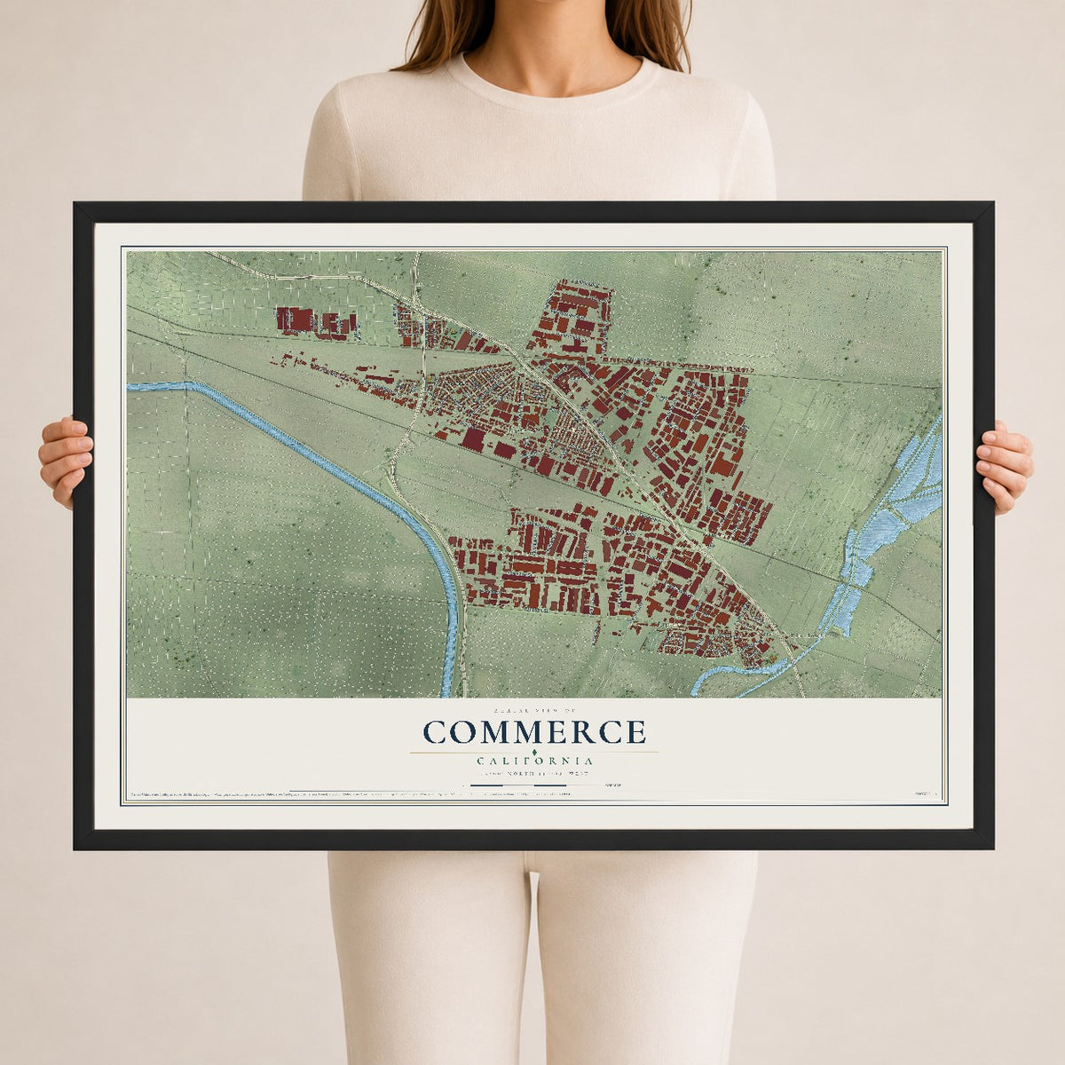 Map of Commerce, California, 24 x 36 inch print in a black wood frame