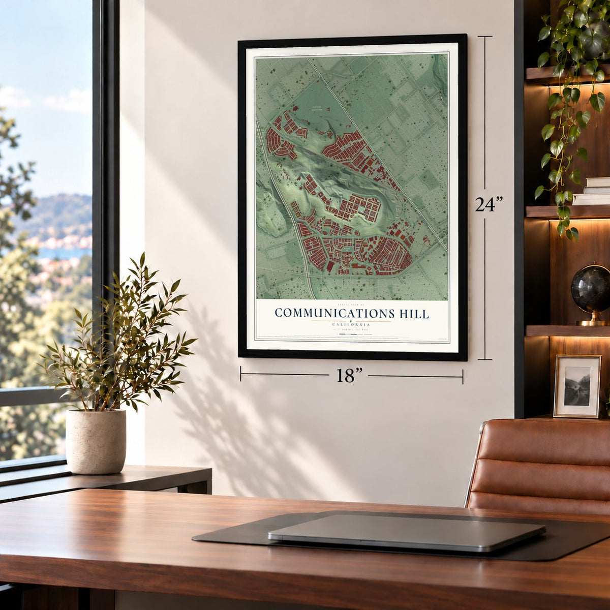 Communications Hill, California map, 18 x 24 inch print in a black frame in a home office