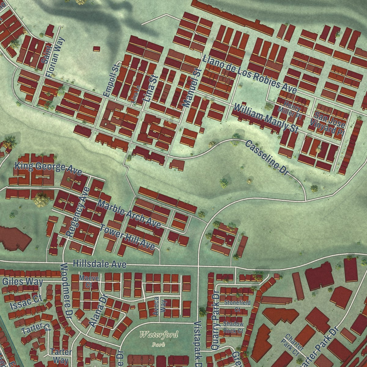 Close-up of the map of Communications Hill, California print showing street and building detail