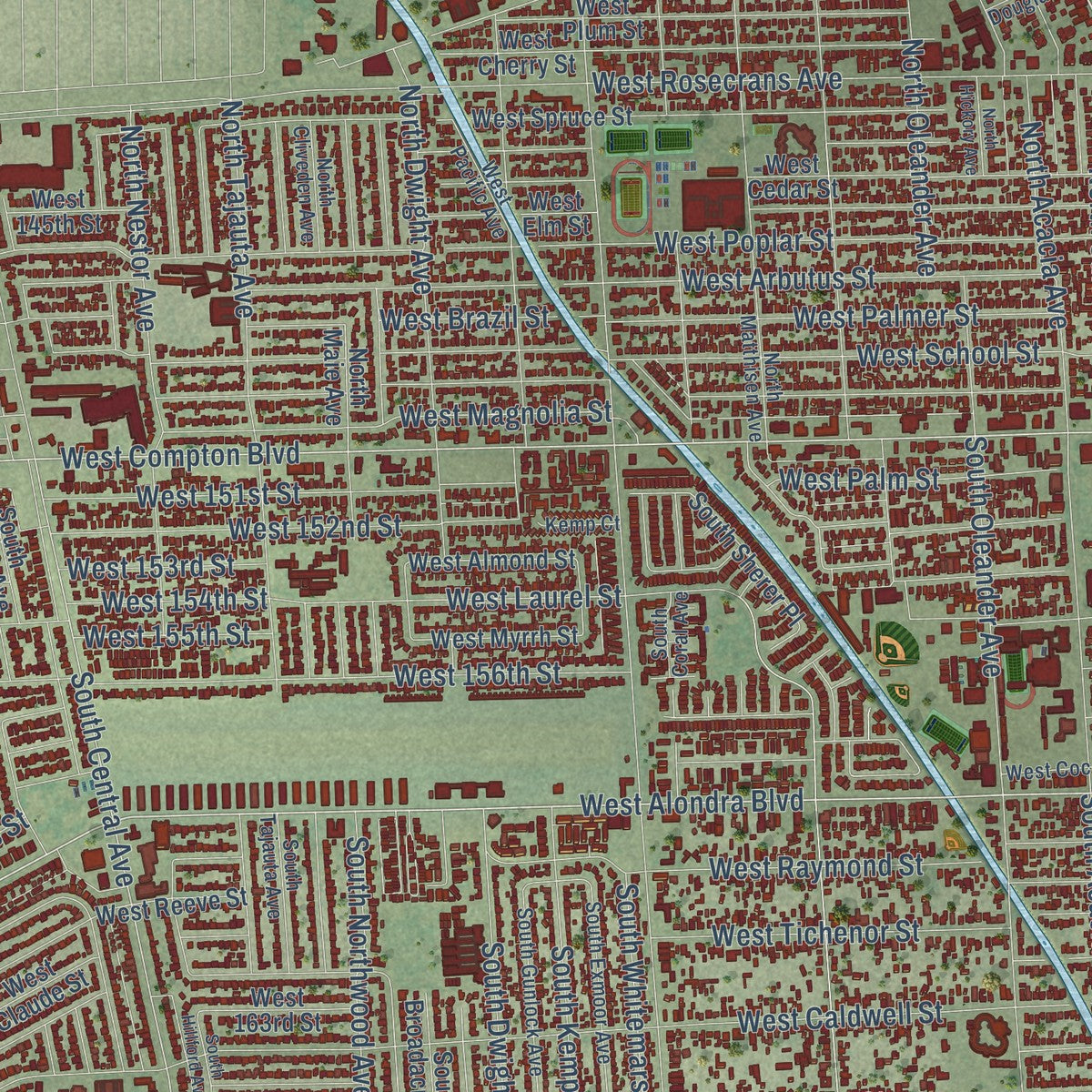 Close-up of the map of Compton, California print showing street and building detail