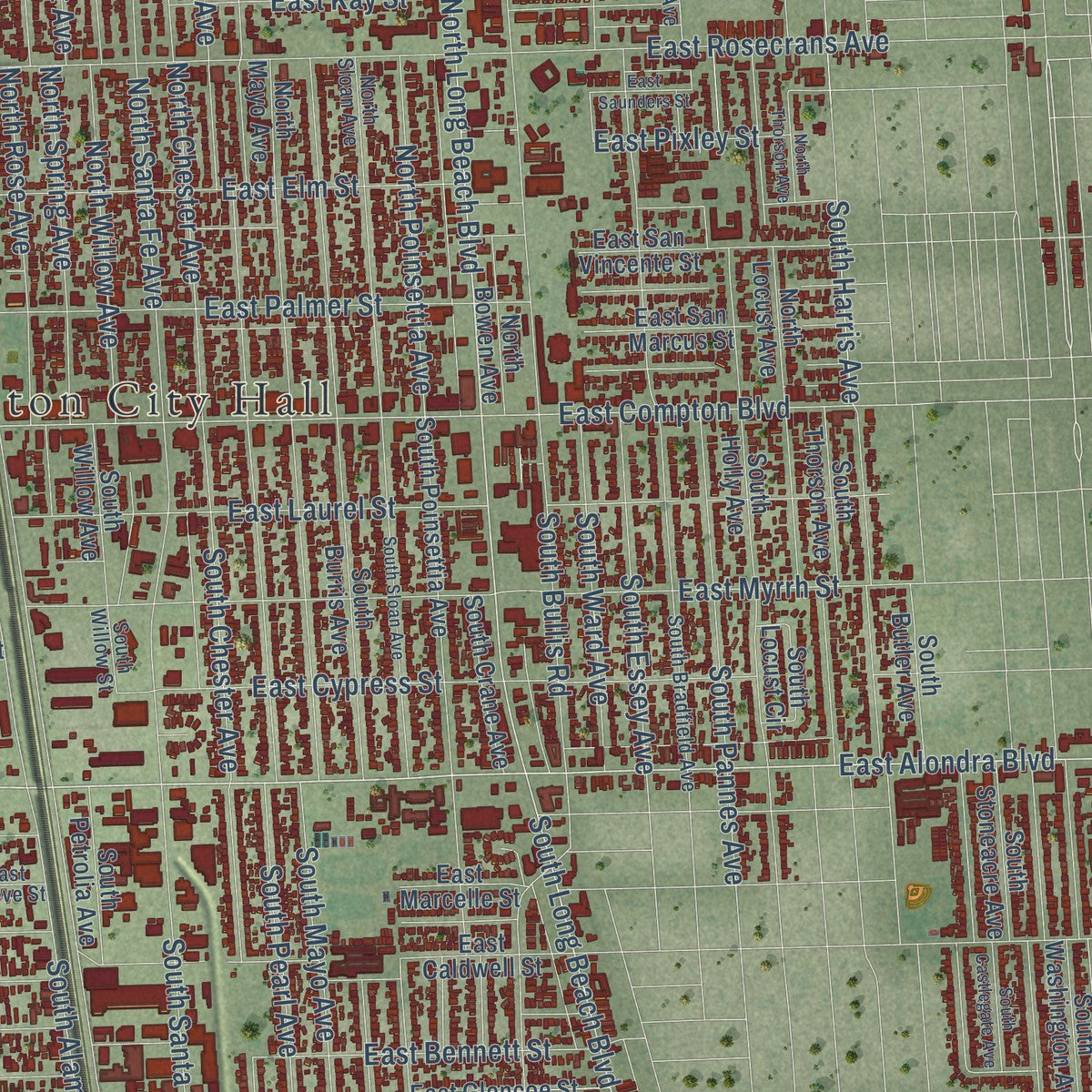 Second close-up of the map of Compton, California print showing more streets and buildings