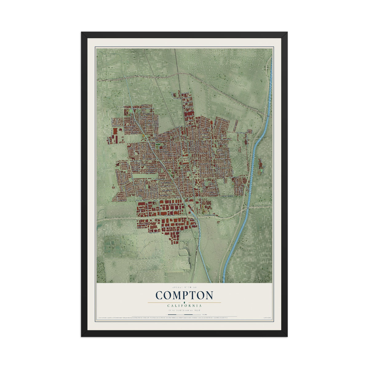 Map of Compton, California, 12 x 18 inch print in a black wood frame