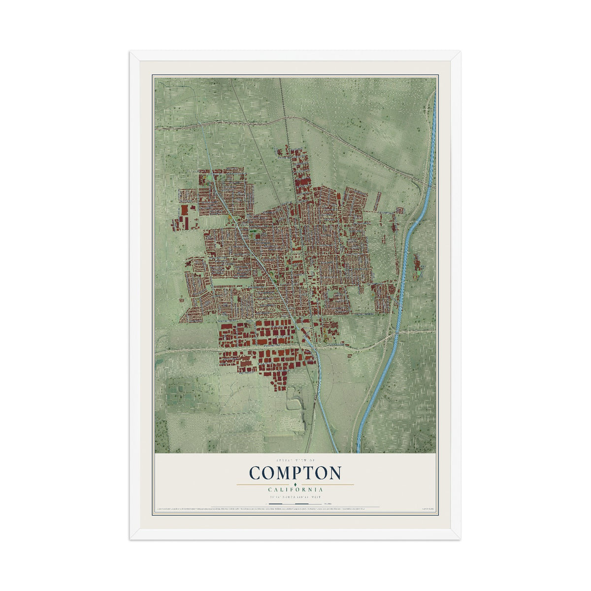 Map of Compton, California, 12 x 18 inch print in a white wood frame