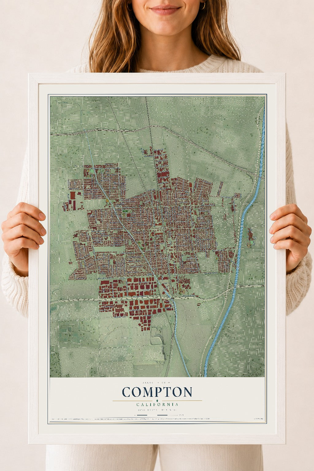 Map of Compton, California, 18 x 24 inch print in a white wood frame