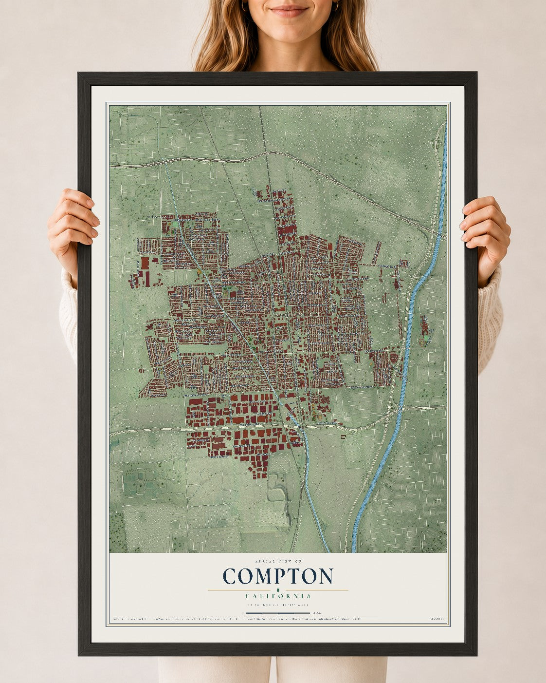 Map of Compton, California, 24 x 36 inch print in a black wood frame
