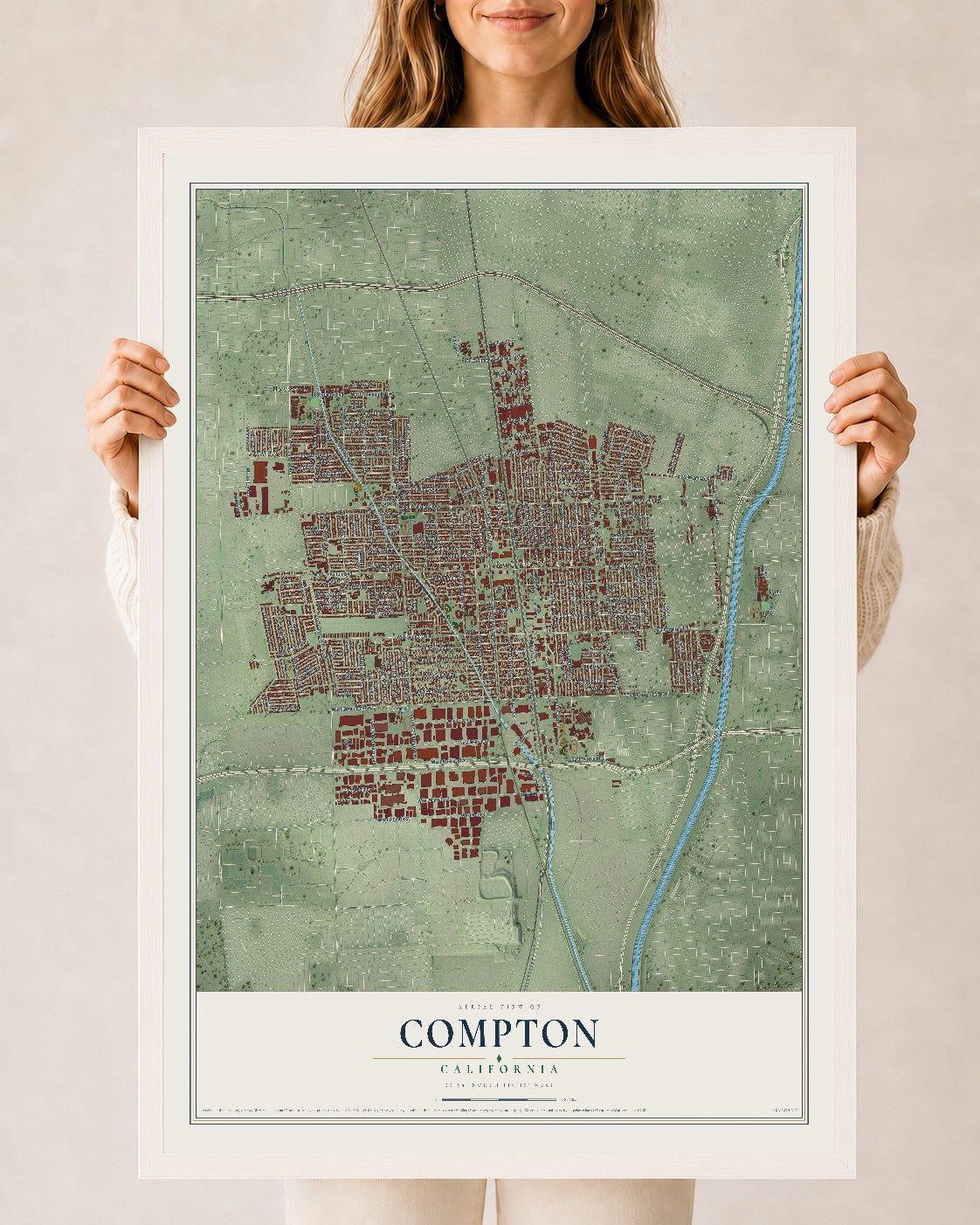 Map of Compton, California, 24 x 36 inch print in a white wood frame