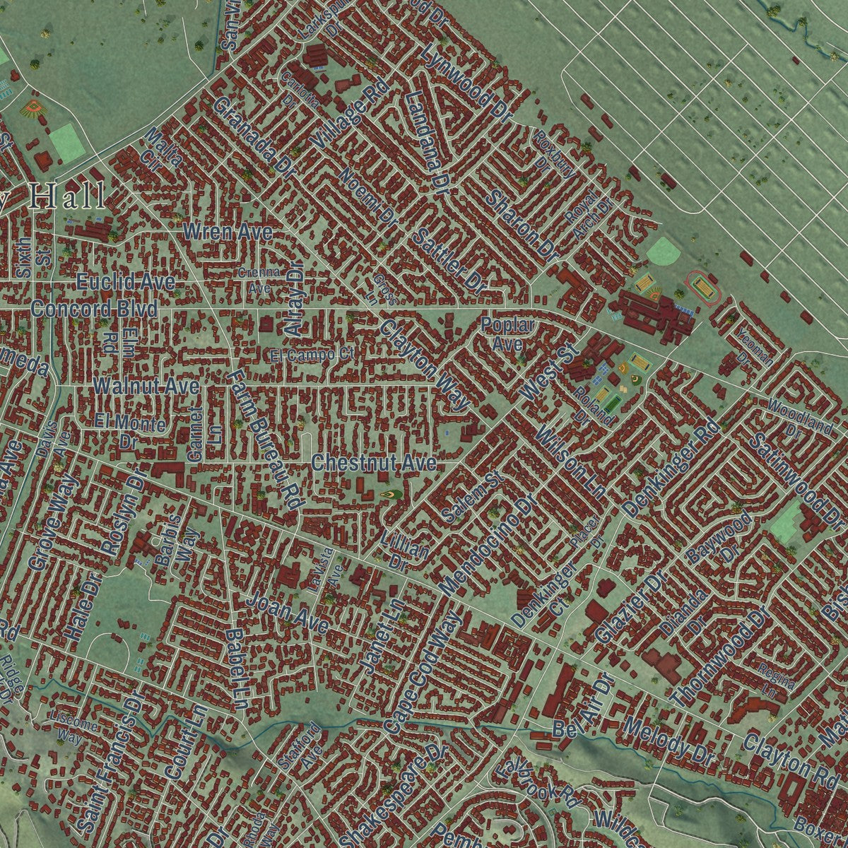 Close-up of the map of Concord, California print showing street and building detail
