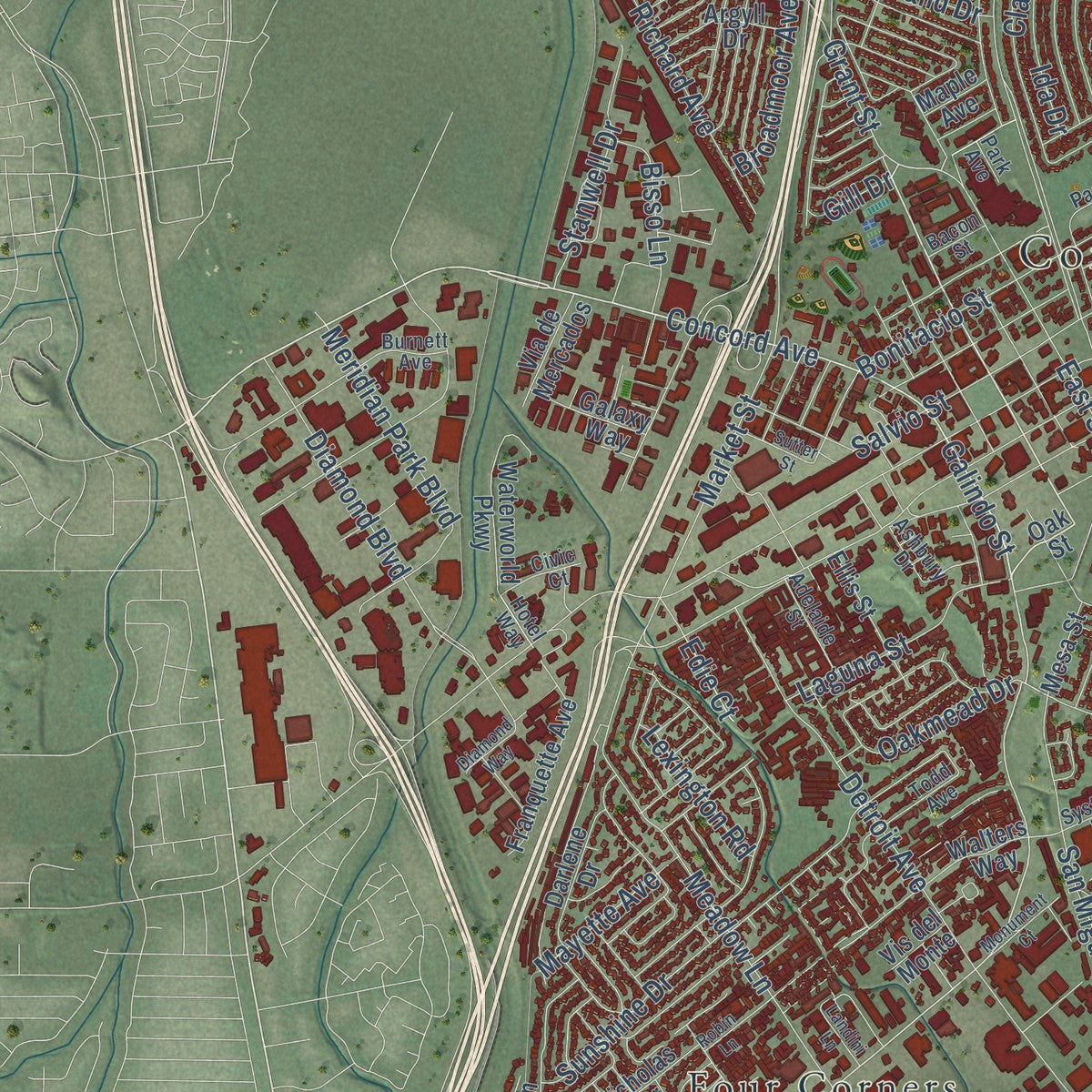 Second close-up of the map of Concord, California print showing more streets and buildings