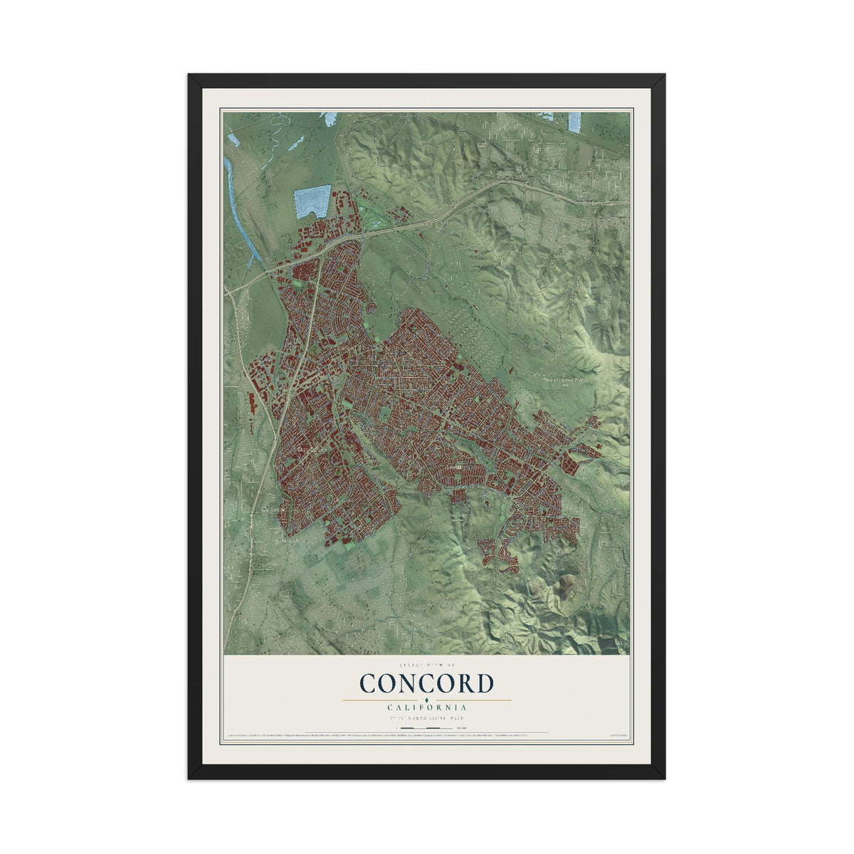 Map of Concord, California, 12 x 18 inch print in a black wood frame