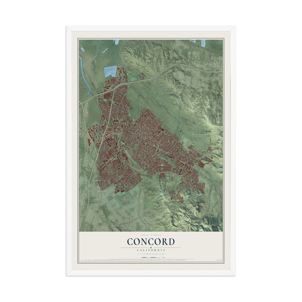 Map of Concord, California, 12 x 18 inch print in a white wood frame