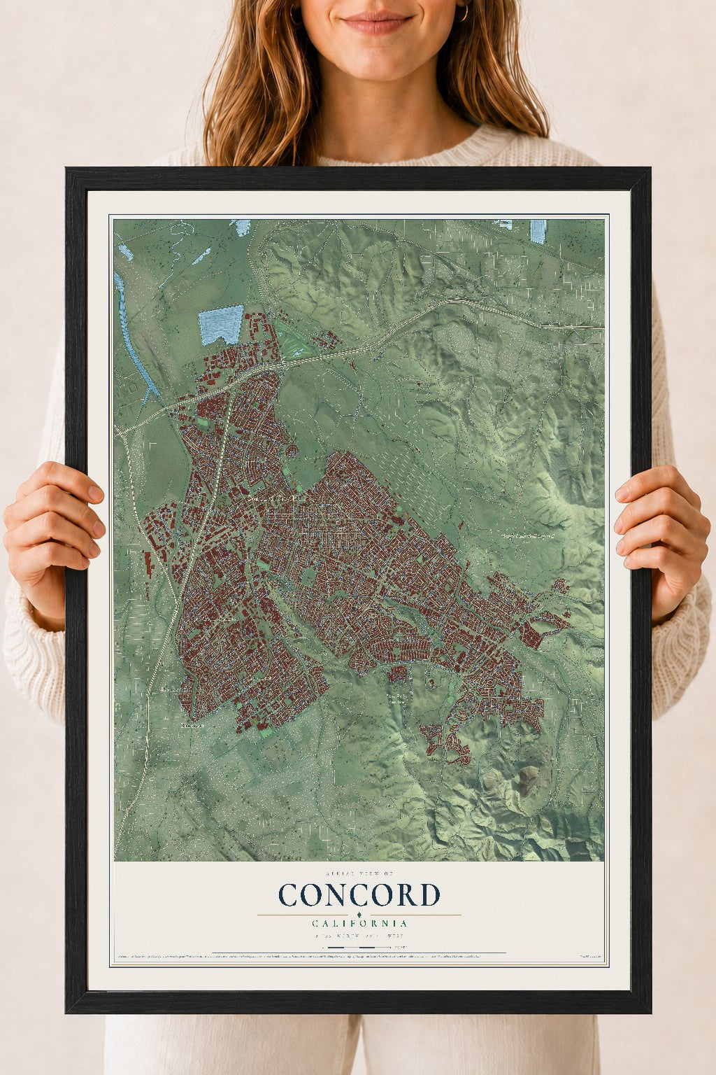 Map of Concord, California, 18 x 24 inch print in a black wood frame