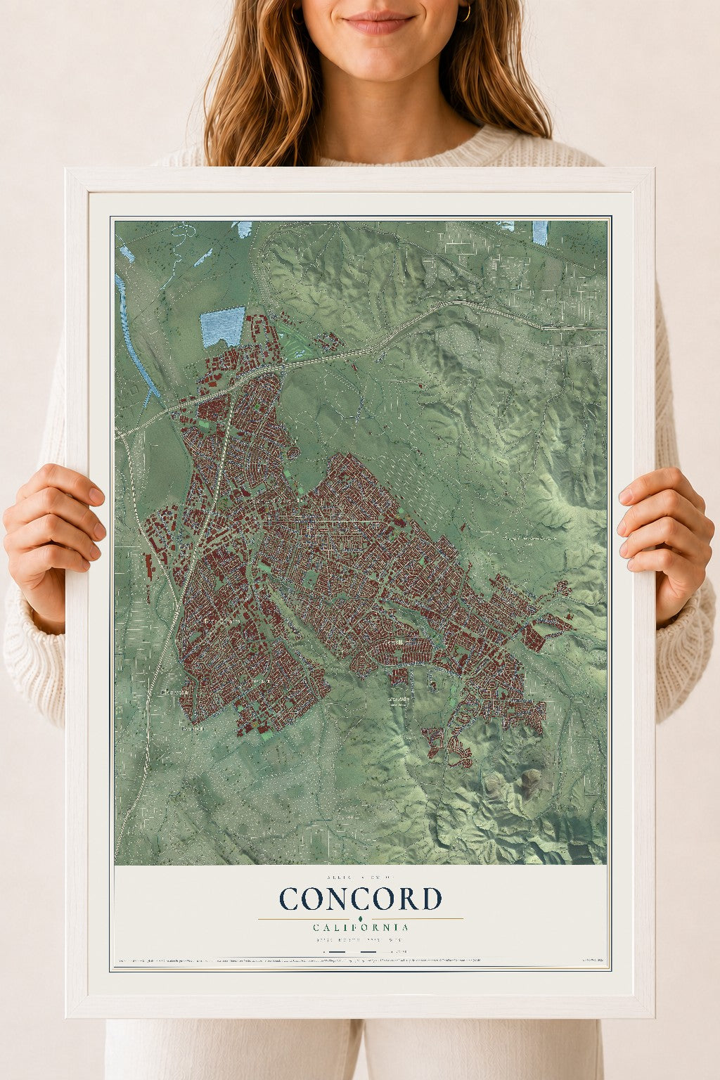 Map of Concord, California, 18 x 24 inch print in a white wood frame
