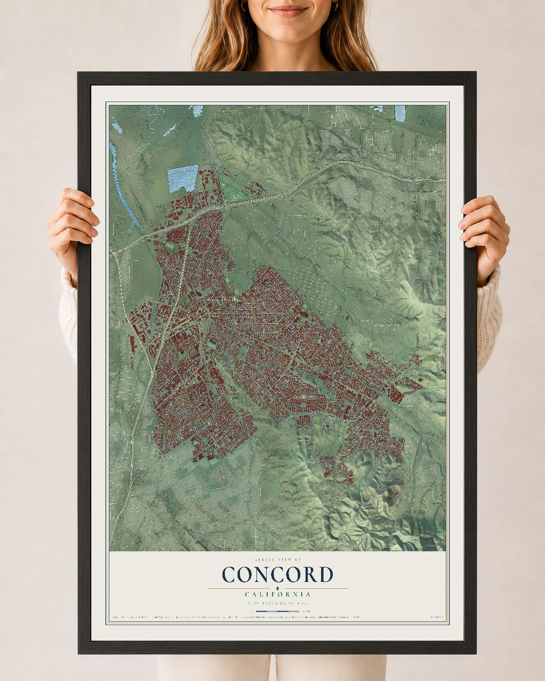 Map of Concord, California, 24 x 36 inch print in a black wood frame