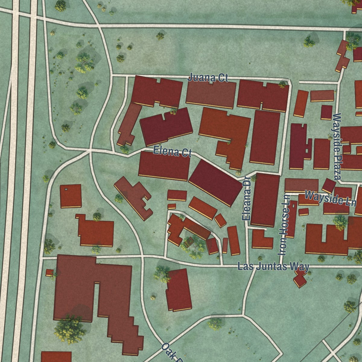 Close-up of the map of Contra Costa Centre, California print showing street and building detail
