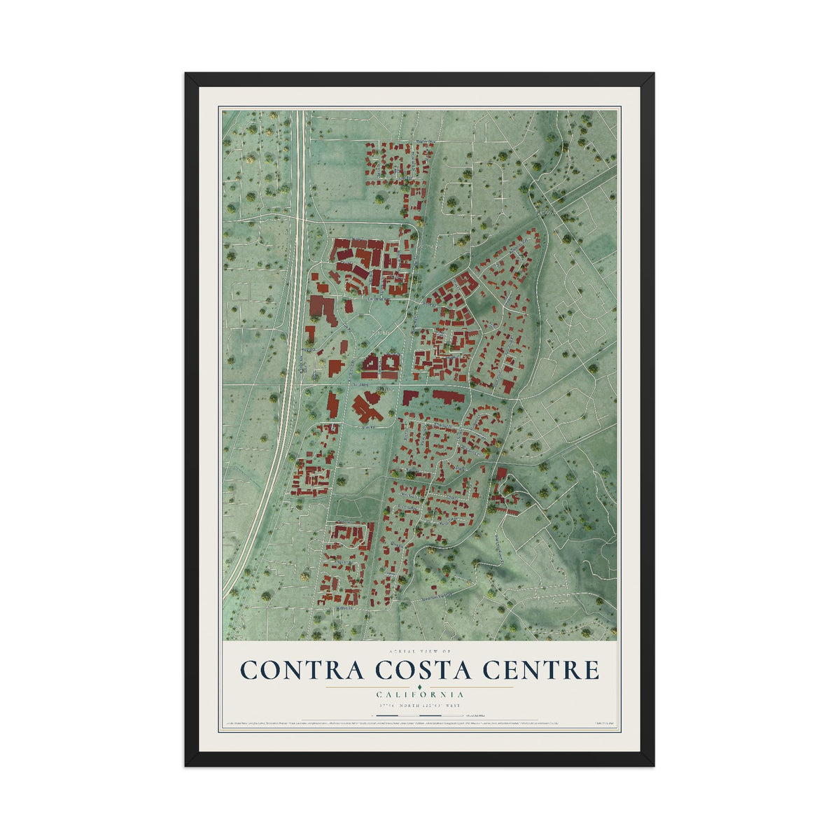 Map of Contra Costa Centre, California, 12 x 18 inch print in a black wood frame